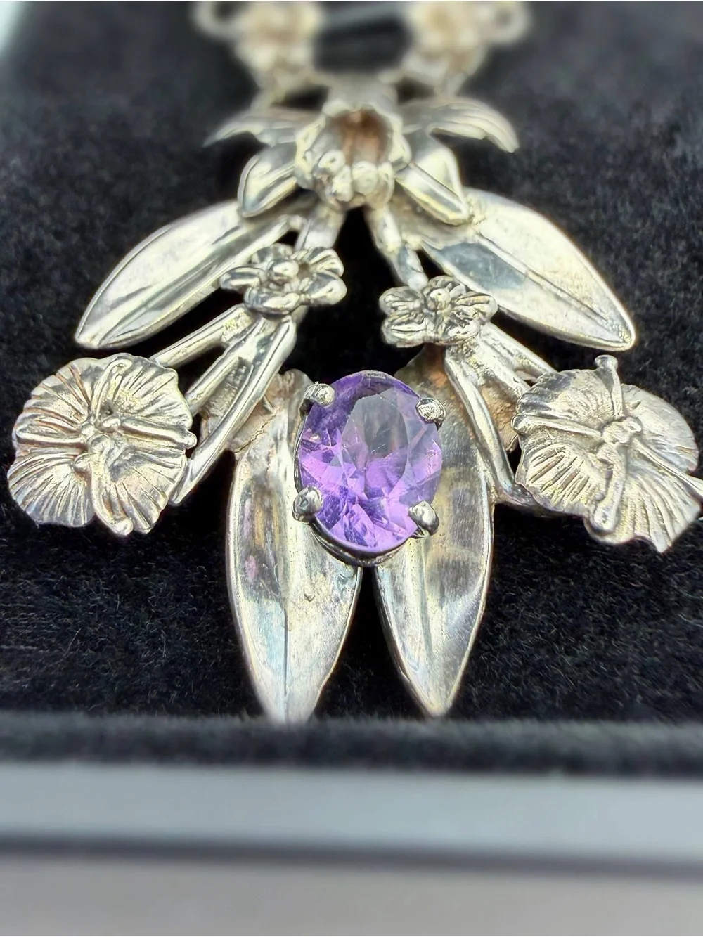Vintage 925 Sterling Silver 1.25Ct Natural Amethyst Stone Orchid Floral Necklace